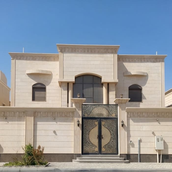 فيلا بلون كريمي بنوافذ مقوّسة وبوابة داكنة مزخرفة
