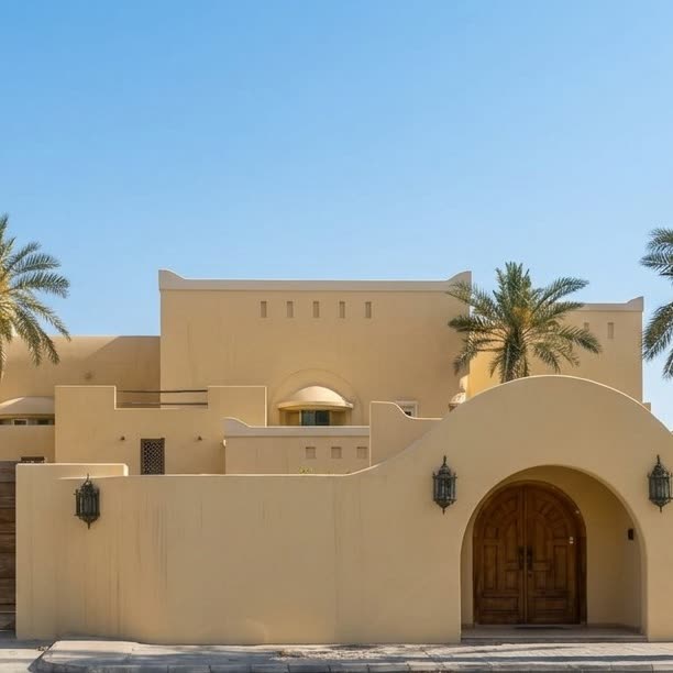 فيلا بلون الرمل على الطراز الطيني بين النخيل