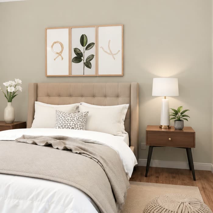 غرفة نوم بسرير بمسند منجّد ولوحات ثلاثية — جوتن 10341 Limestone و9918 Classic White