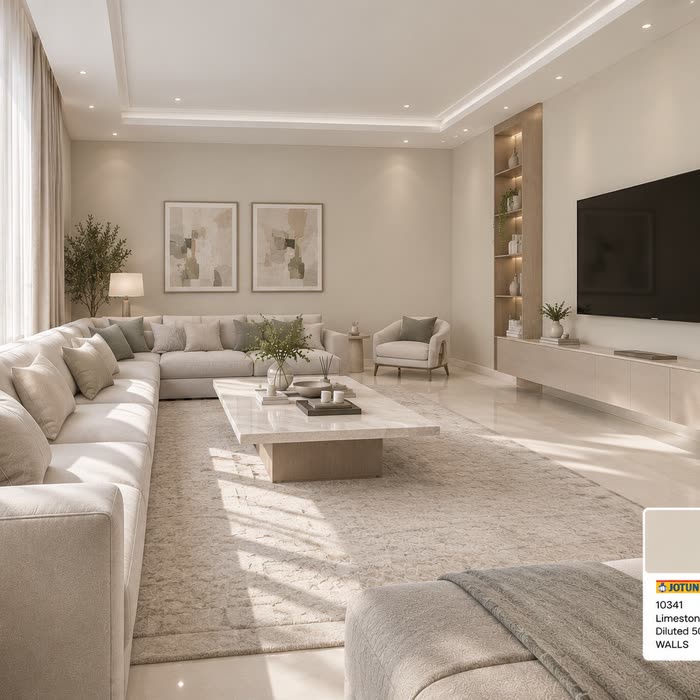 صالة بكنبة زاوية وجدار تلفاز — جوتن 10341 Limestone مخفّف 50٪ و9918 Classic White