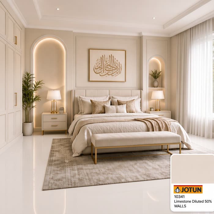 غرفة نوم بكوّات مقوّسة مضاءة وخزائن — جوتن 10341 Limestone مخفّف 50٪ و9918 Classic White