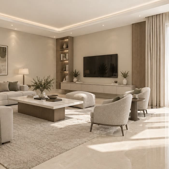 صالة بكنبة زاوية ورفوف خشبية مضاءة — جوتن 10341 Limestone و9918 Classic White