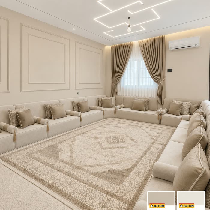 مجلس بجلسة أرضية وبانوهات جدارية — جوتن 1519 Vanilla Latte مخفّف 50٪ و9918 Classic White