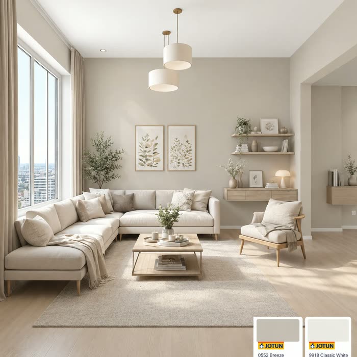 صالة بكنبة زاوية وإنارة معلّقة — جوتن 0552 Breeze مخفّف 50٪ و9918 Classic White