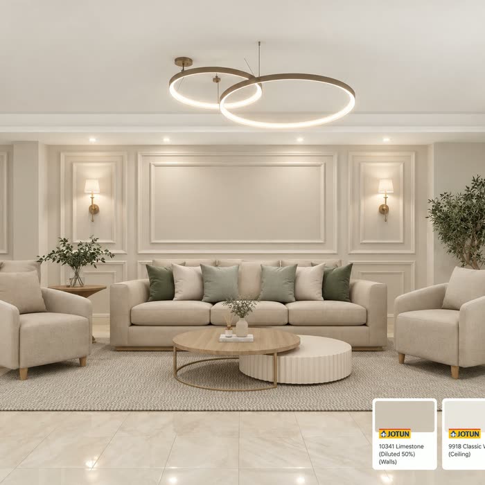 صالة بجدار بانوهات وثريا بحلقتين — جوتن 10341 Limestone مخفّف 50٪ و9918 Classic White
